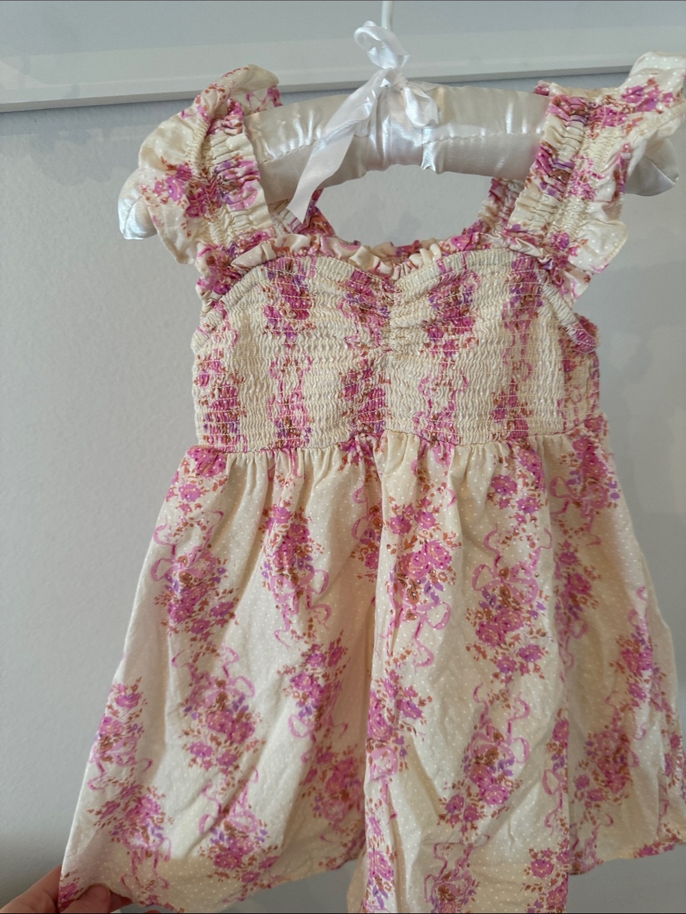 Love Shack fancy Cream and Pink Floral Smocked Sundress 2t